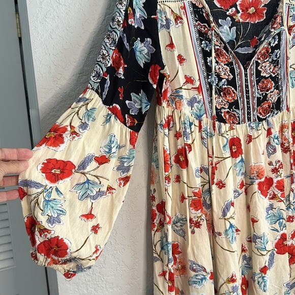 Patrons of Peace Red Blue Cream Floral Mini Dress Ruffle Festival Boho Hippie - Picture 2 of 8